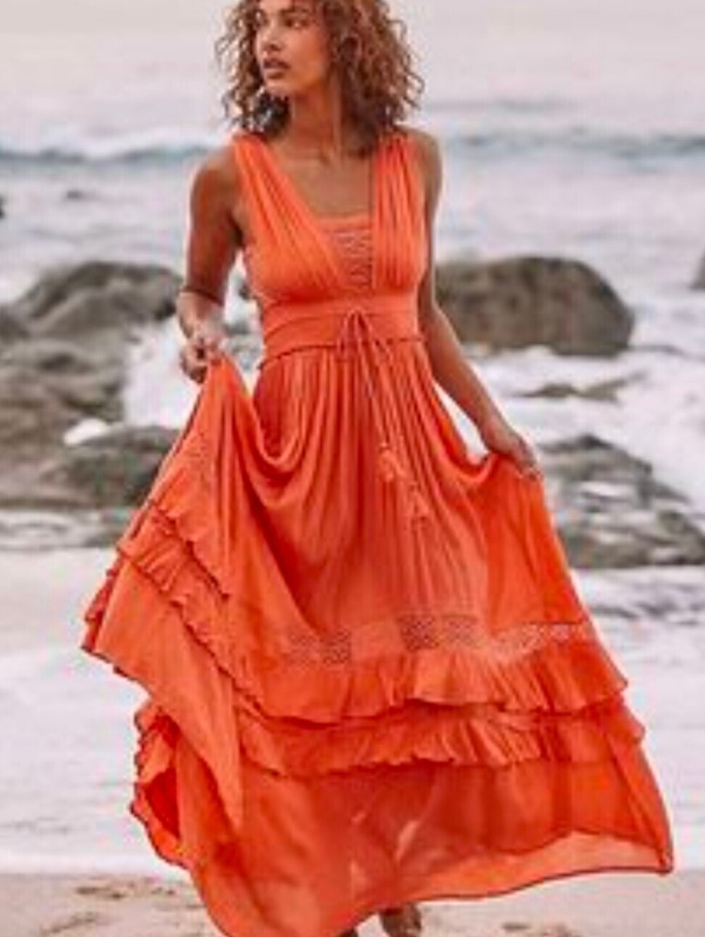 Free People Orange Ruffled Maxi Dress with Tie Waist